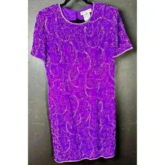 Vintage Adrianna Papell Evening 100% Silk Beaded Special Occasion Dress Keyhole - Picture 1 of 10